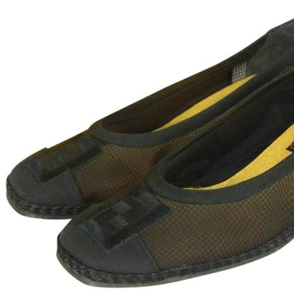 Fendi Black Suede FF Logo At Toes Leather Flats